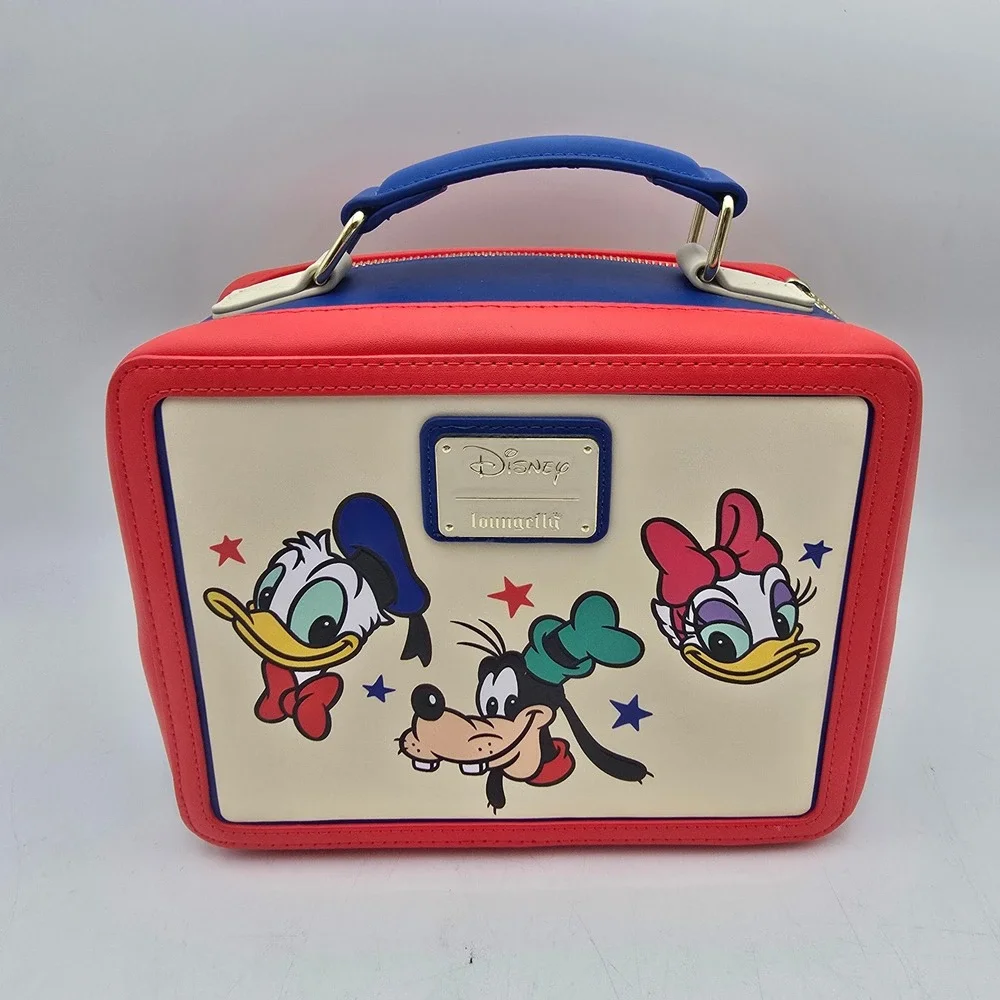 Loungefly Disney Mickey Minnie Pluto Lunch Box Crossbody Bag Red Blue Strap